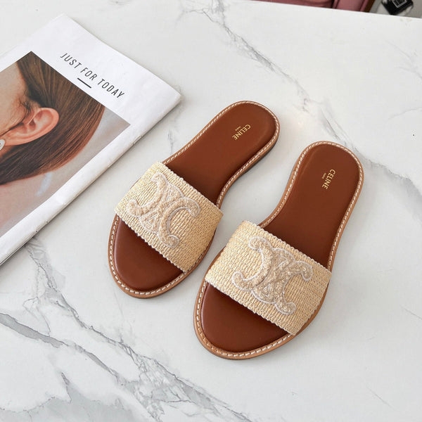 Celine 25C Slippers Beige Fabric with Calfskin 238154