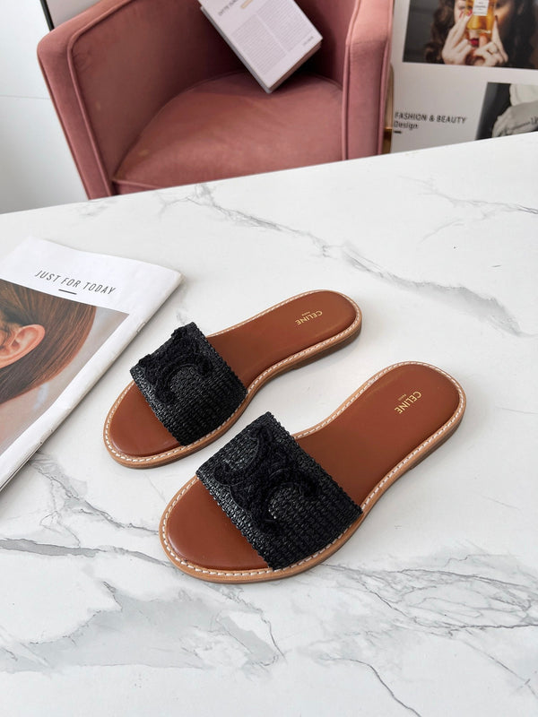 Celine 25C Slippers Black Fabric with Calfskin 238155