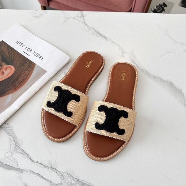 Celine 25C Slippers Beige mix Black Fabric with Calfskin 238156