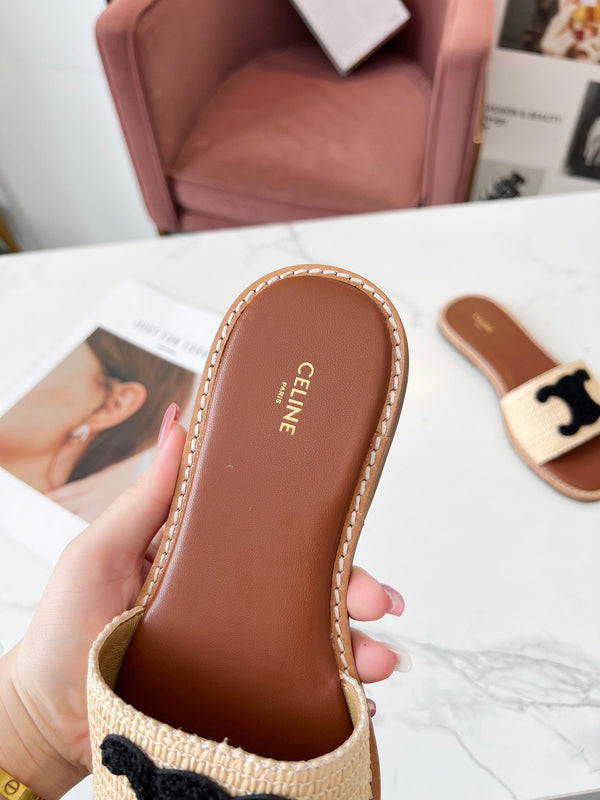 Celine 25C Slippers Beige mix Black Fabric with Calfskin 238156