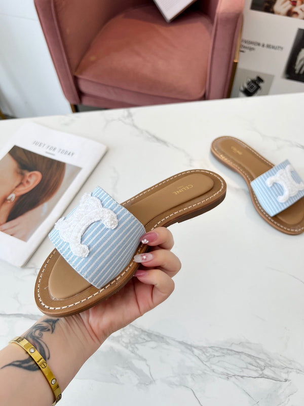 Celine 25C Slippers Baby Blue mix White Fabric with Calfskin 238165