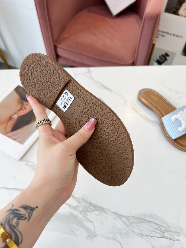 Celine 25C Slippers Baby Blue mix White Fabric with Calfskin 238165