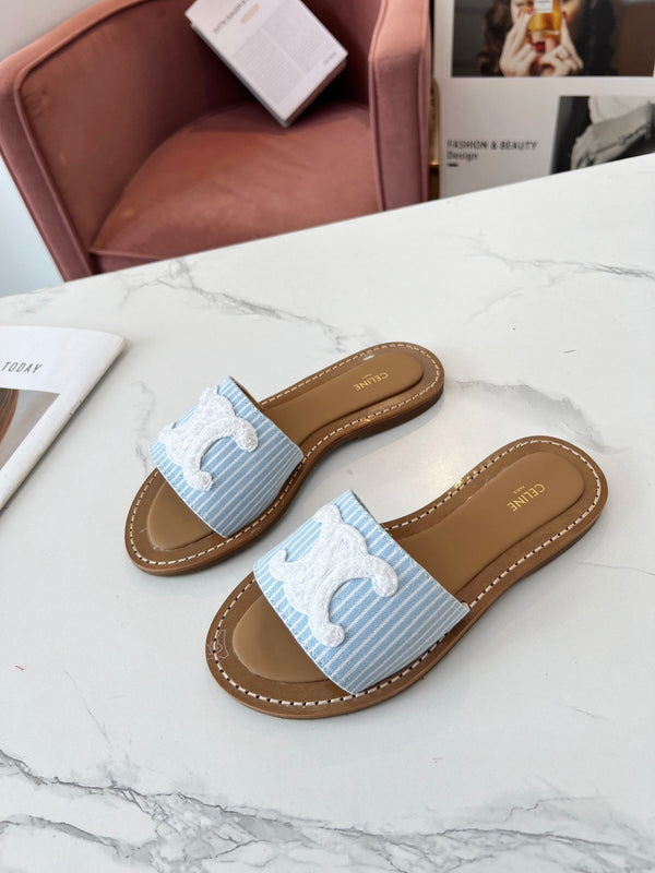 Celine 25C Slippers Baby Blue mix White Fabric with Calfskin 238165