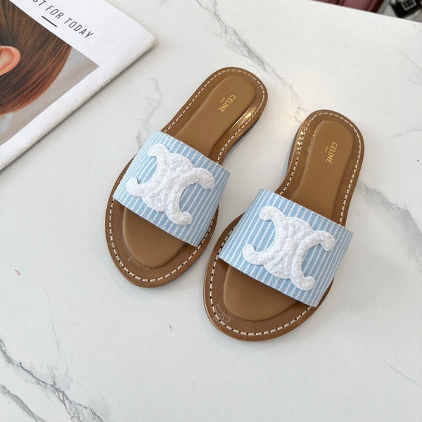 Celine 25C Slippers Baby Blue mix White Fabric with Calfskin 238165