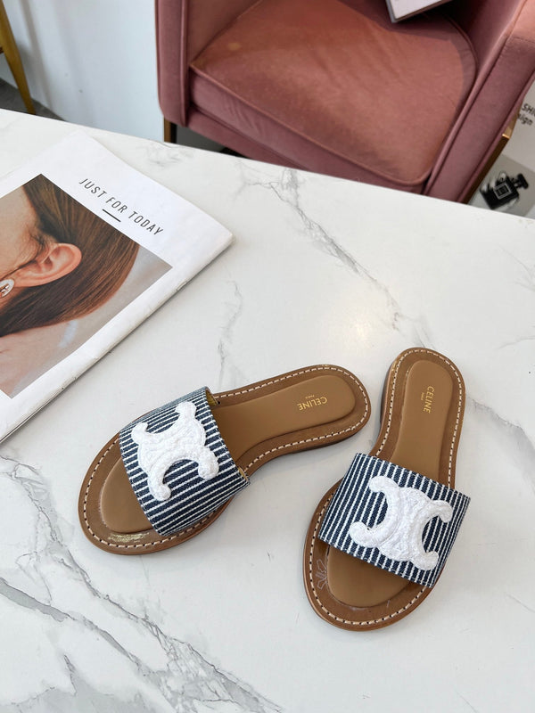 Celine 25C Slippers Navy Blue mix White Fabric with Calfskin 238166