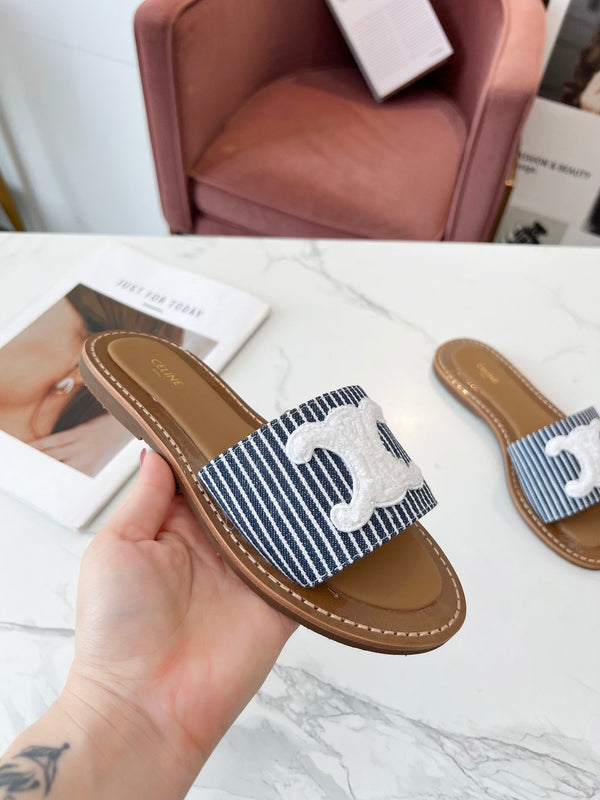 Celine 25C Slippers Navy Blue mix White Fabric with Calfskin 238166