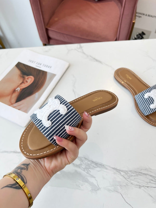 Celine 25C Slippers Navy Blue mix White Fabric with Calfskin 238166