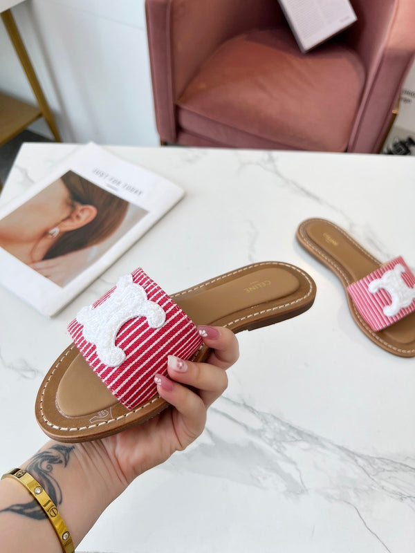 Celine 25C Slippers Red mix White Fabric with Calfskin 238167