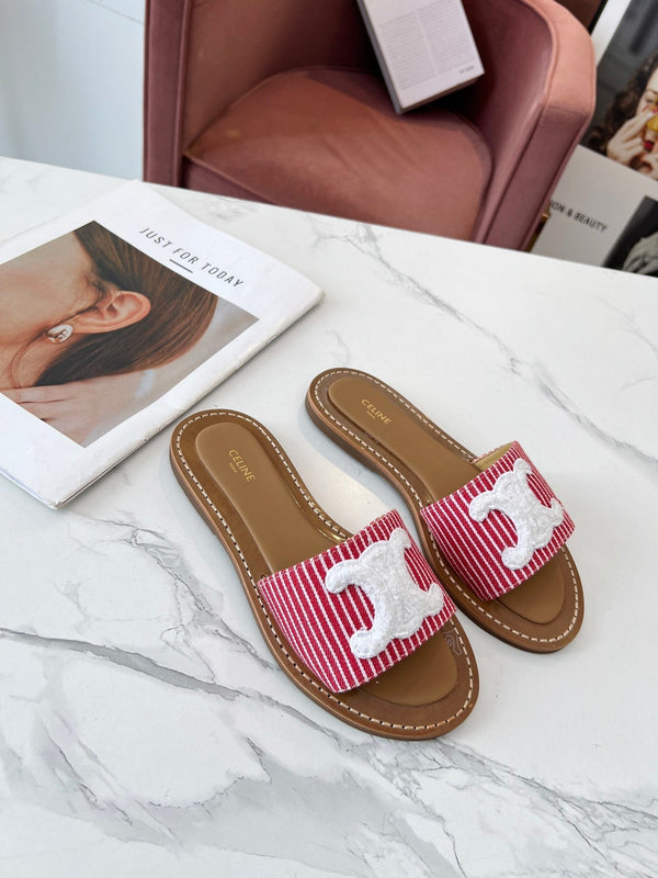Celine 25C Slippers Red mix White Fabric with Calfskin 238167