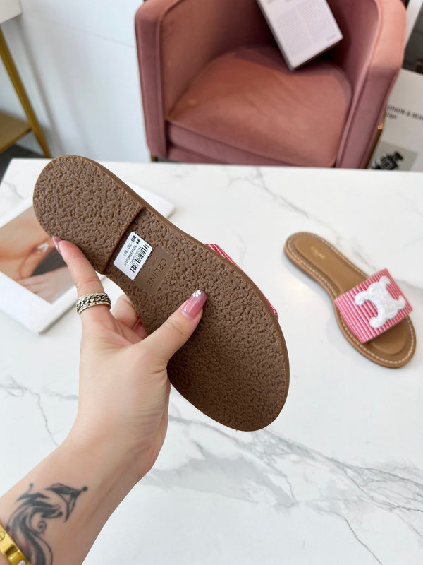 Celine 25C Slippers Red mix White Fabric with Calfskin 238167