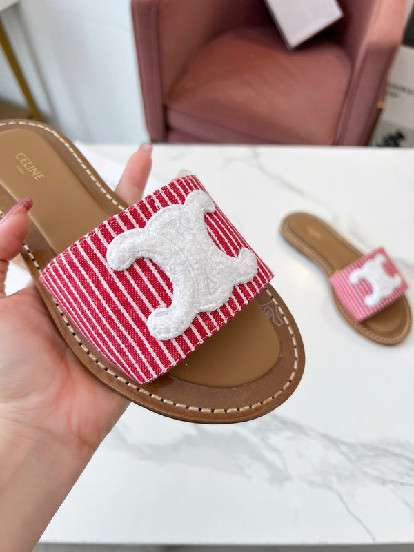Celine 25C Slippers Red mix White Fabric with Calfskin 238167