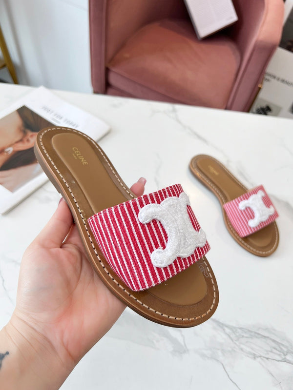 Celine 25C Slippers Red mix White Fabric with Calfskin 238167