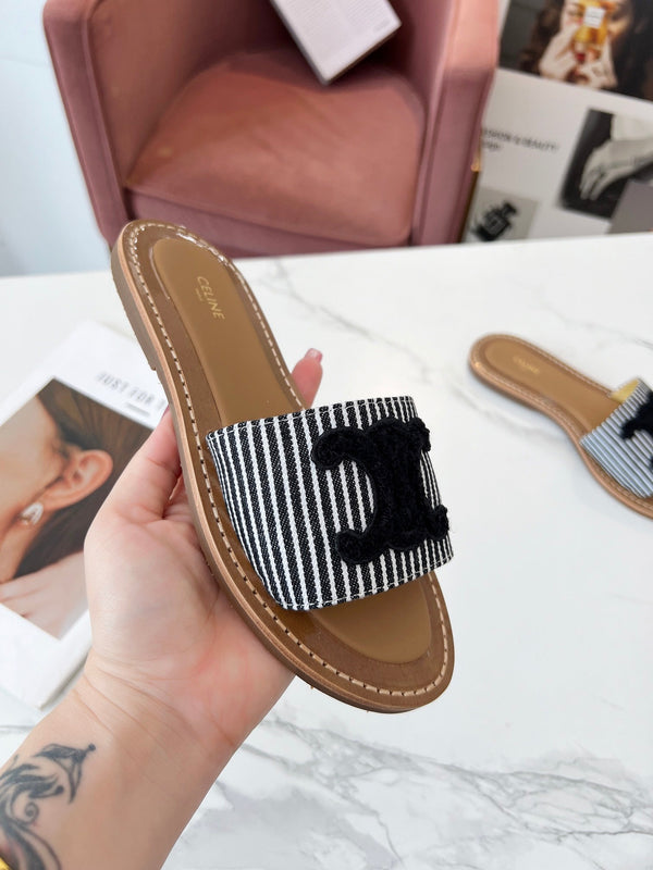 Celine 25C Slippers Black Fabric with Calfskin 238168