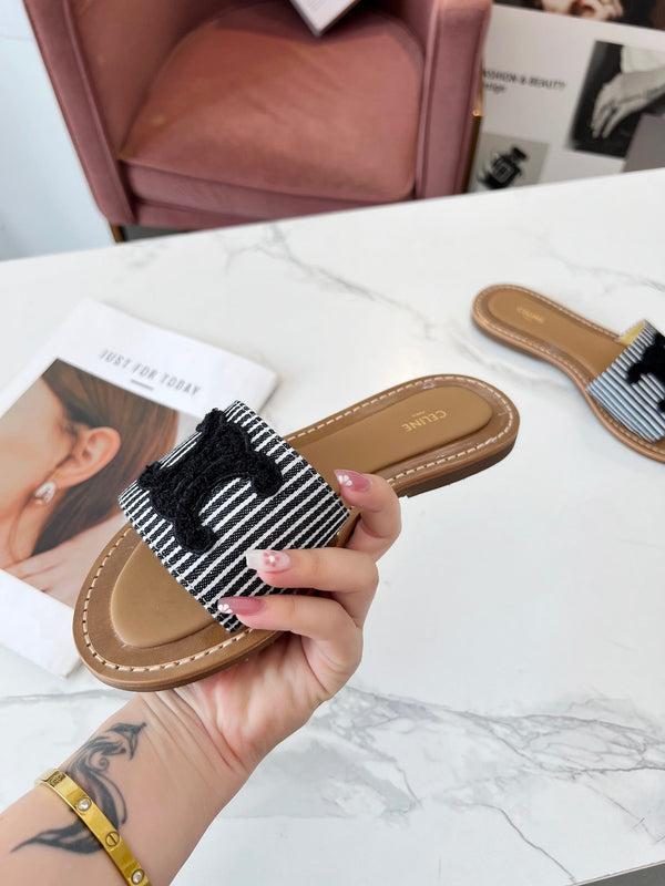 Celine 25C Slippers Black Fabric with Calfskin 238168