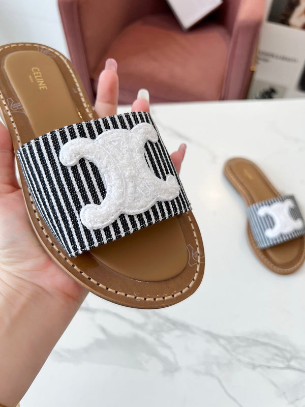 Celine 25C Slippers Black mix White Fabric with Calfskin 238169