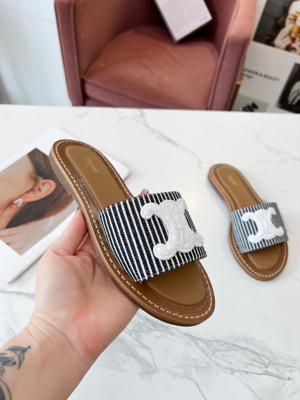 Celine 25C Slippers Black mix White Fabric with Calfskin 238169