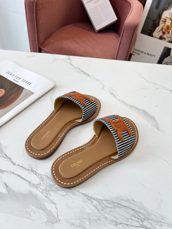 Celine 25C Slippers Black mix Orange Fabric with Calfskin 238170