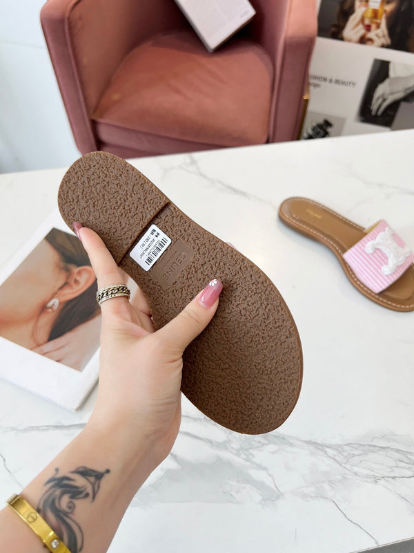 Celine 25C Slippers Pink mix White Fabric with Calfskin 238164