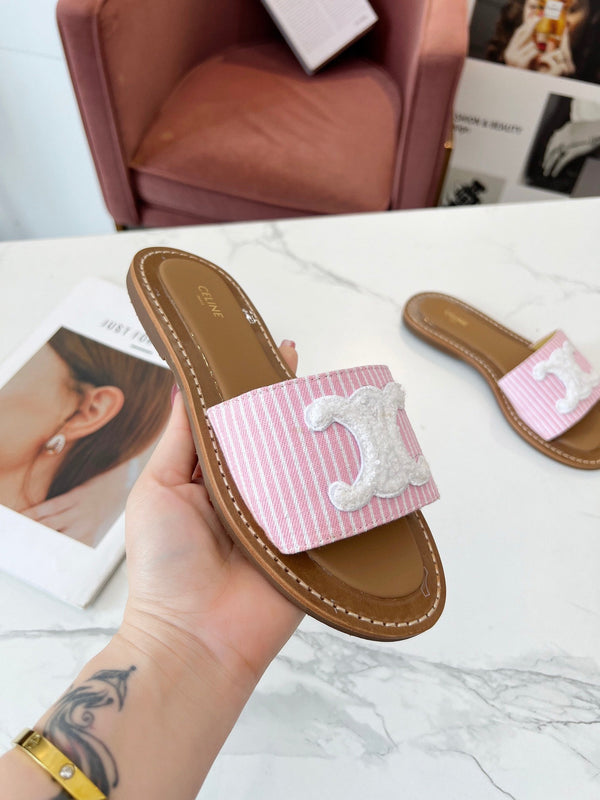 Celine 25C Slippers Pink mix White Fabric with Calfskin 238164