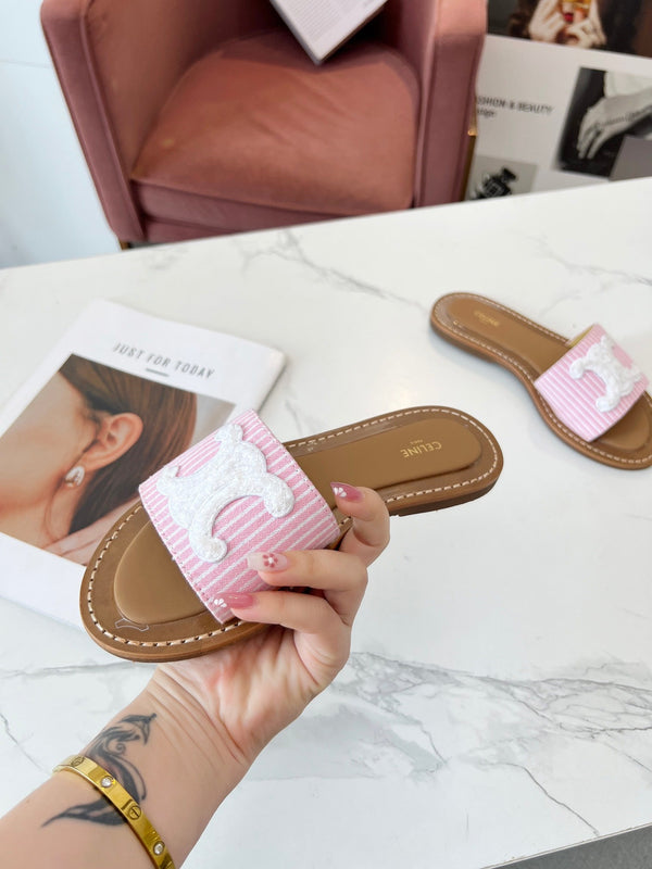 Celine 25C Slippers Pink mix White Fabric with Calfskin 238164