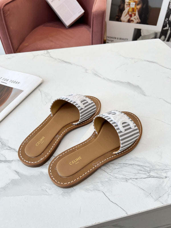 Celine 25C Slippers Gray mix White Fabric with Calfskin 238171