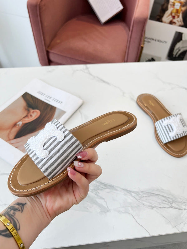 Celine 25C Slippers Gray mix White Fabric with Calfskin 238171