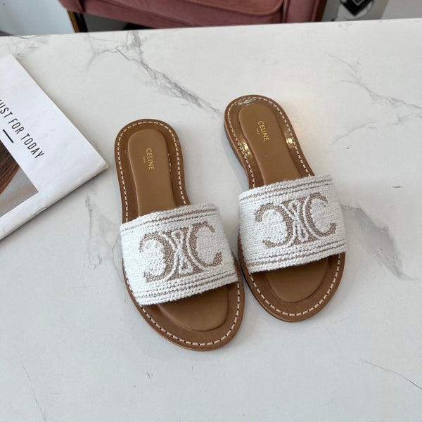 Celine 25C Slippers White Fabric with Calfskin 238157