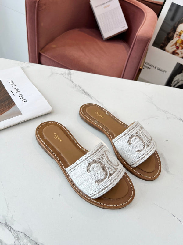 Celine 25C Slippers White Fabric with Calfskin 238157