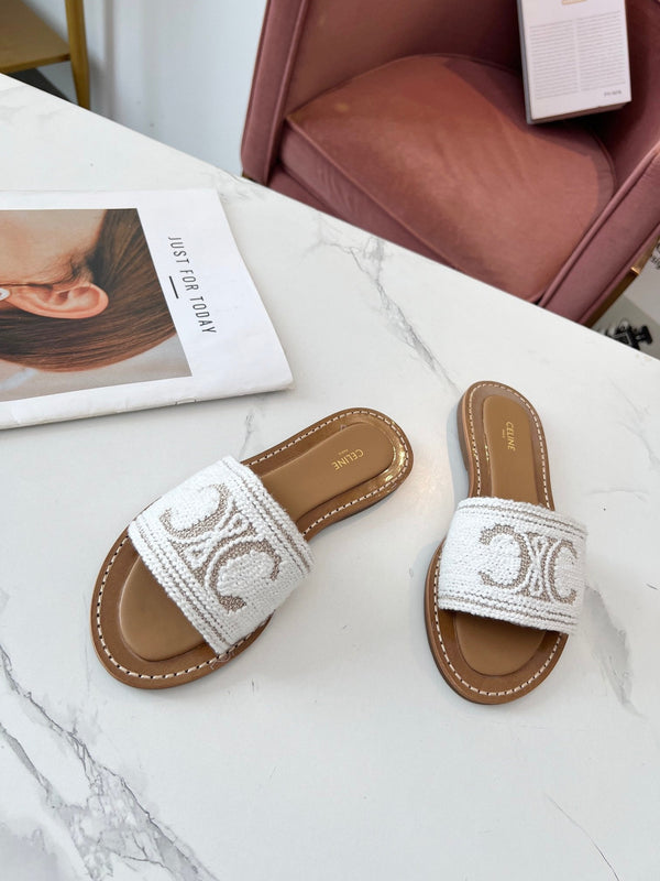 Celine 25C Slippers White Fabric with Calfskin 238157