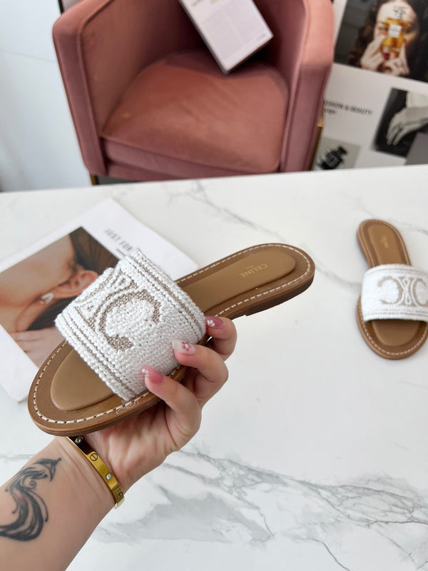 Celine 25C Slippers White Fabric with Calfskin 238157