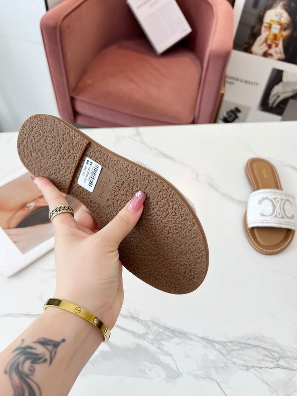 Celine 25C Slippers White Fabric with Calfskin 238157