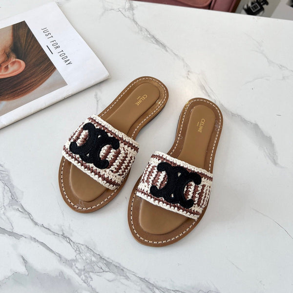 Celine 25C Slippers Beige mix Black Fabric with Calfskin 238158