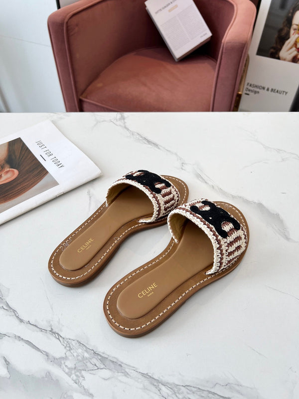 Celine 25C Slippers Beige mix Black Fabric with Calfskin 238158