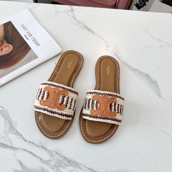 Celine 25C Slippers Beige mix Cantaloupe Fabric with Calfskin 238159