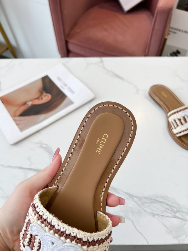 Celine 25C Slippers Beige mix Brown Fabric with Calfskin 238160