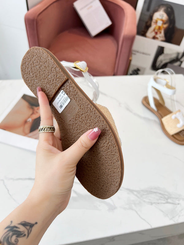 Celine 25C Lympia Sandal Beige mix White Fabric with Calfskin 238161