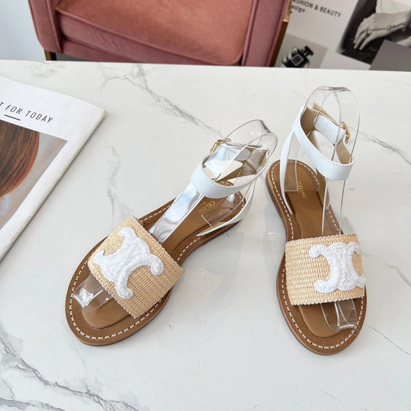 Celine 25C Lympia Sandal Beige mix White Fabric with Calfskin 238161