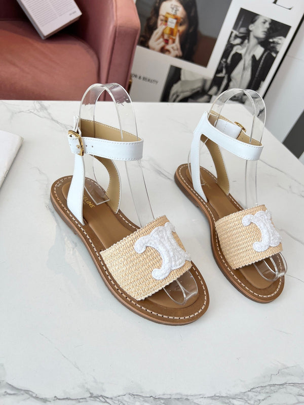 Celine 25C Lympia Sandal Beige mix White Fabric with Calfskin 238161