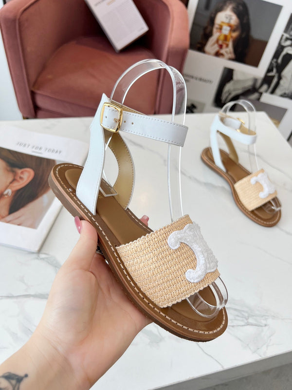 Celine 25C Lympia Sandal Beige mix White Fabric with Calfskin 238161
