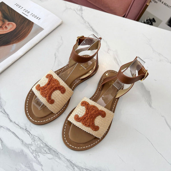 Celine 25C Lympia Sandal Beige mix Brown Fabric with Calfskin 238162