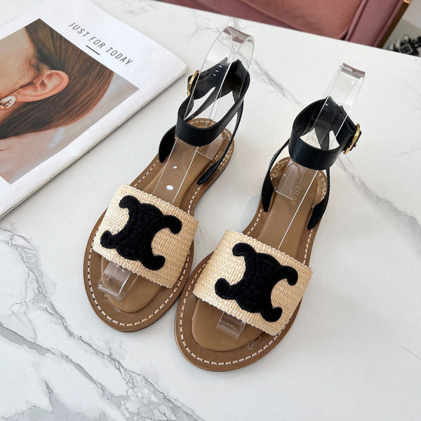 Celine 25C Lympia Sandal Beige mix Black Fabric with Calfskin 238163