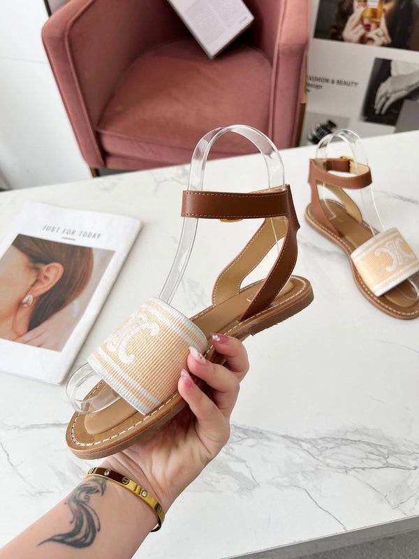 Celine 25C Lympia Sandal Cream with White Canvas with Calfskin 238172