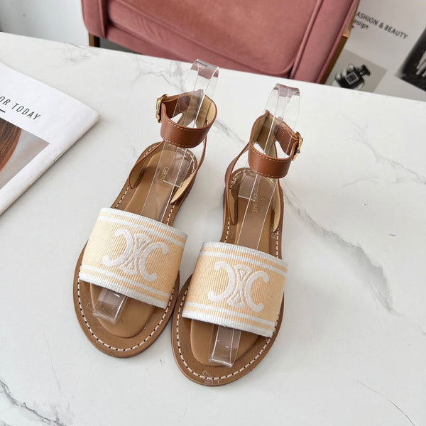 Celine 25C Lympia Sandal Cream with White Canvas with Calfskin 238172