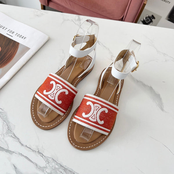 Celine 25C Lympia Sandal Red mix White Canvas with Calfskin 238173