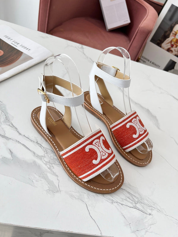 Celine 25C Lympia Sandal Red mix White Canvas with Calfskin 238173