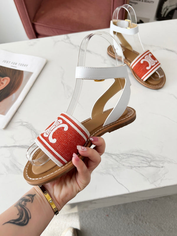 Celine 25C Lympia Sandal Red mix White Canvas with Calfskin 238173