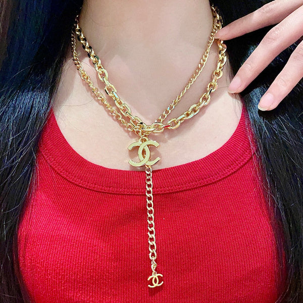 DOUBLE C NECKLACE DOUBLE CHAIN IN GOLD PLATING