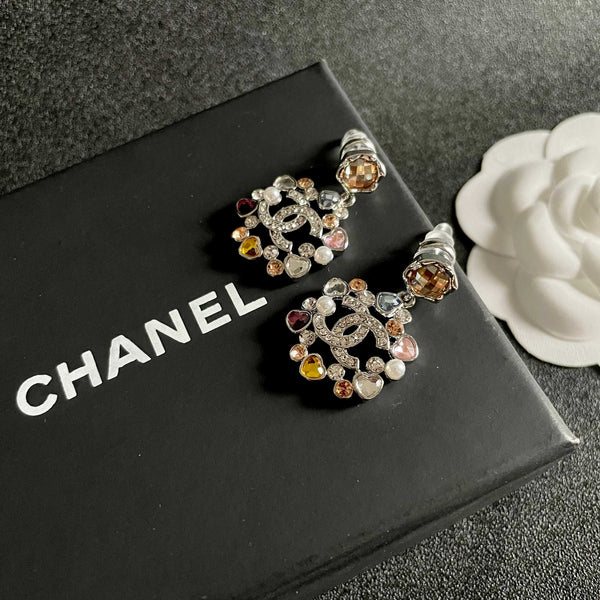 DOUBLE C STUD EARRINGS IN SILVER METAL WHITE PEARL MULTICOLOR STONES