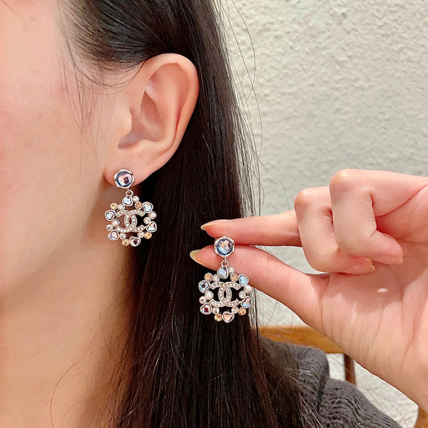 DOUBLE C STUD EARRINGS IN SILVER METAL WHITE PEARL GOLD AND BLUE STONES