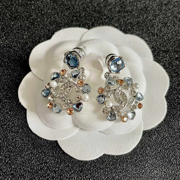 DOUBLE C STUD EARRINGS IN SILVER METAL WHITE PEARL GOLD AND BLUE STONES